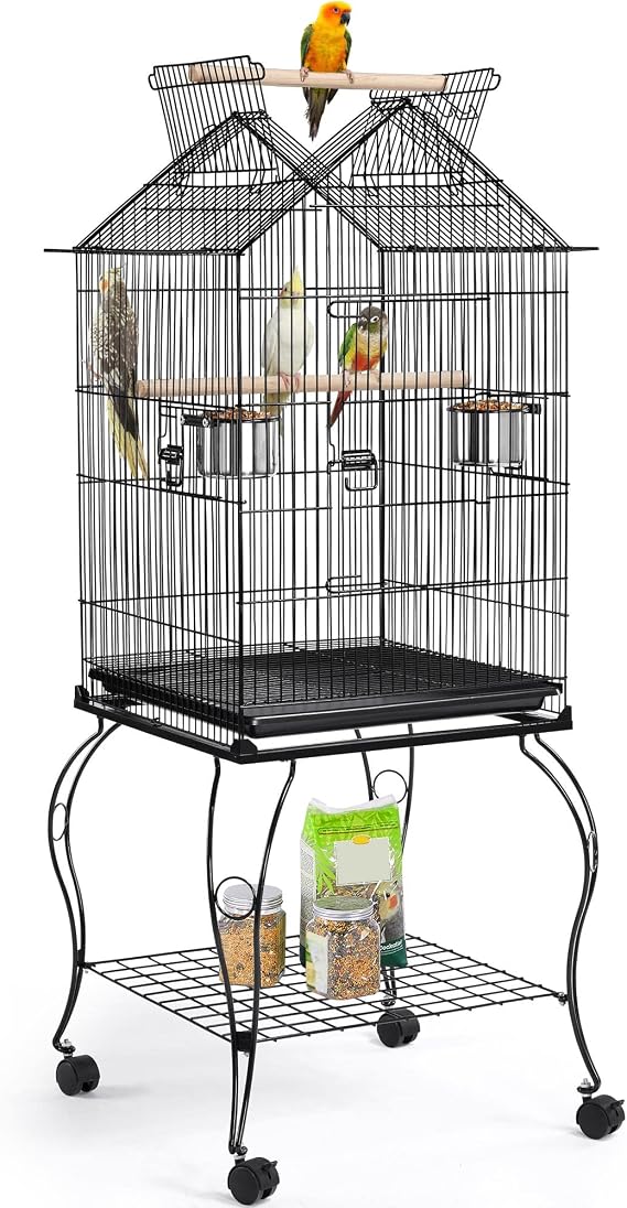 Yaheetech 57" Open Top Bird Cage with Detachable Rolling Stand & Storage Shelf, Parrot Cage for Cockatiels, Quaker, Conures, Caique & Small to Medium Parrots