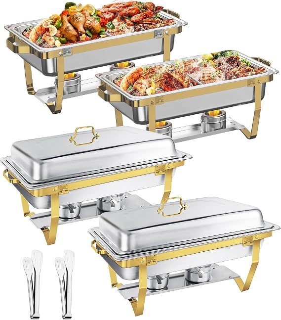 WENMILY Chafing Dish Buffet Set 9L [Elegant Gold and Silver], 4 Pack Gold Chafing Dishes [Rolled Edge Design], Stainless Steel Food Warmer for