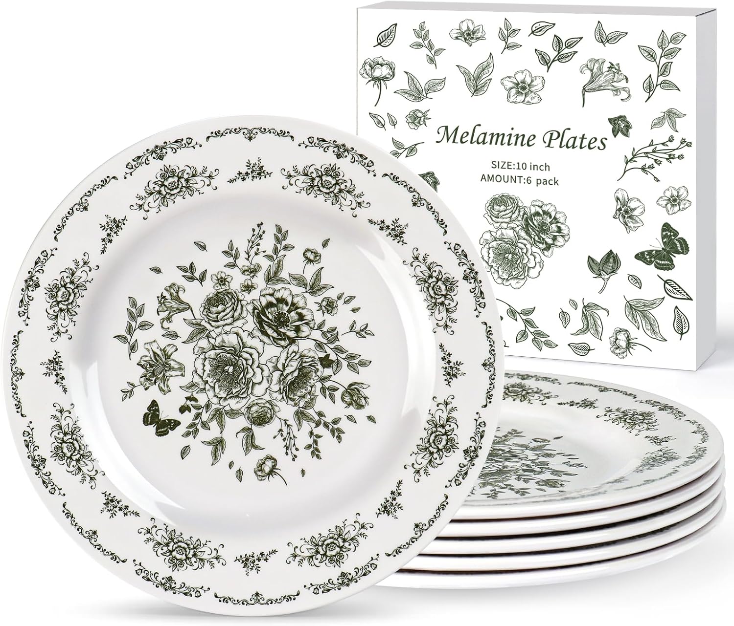 6 Piece Vintage Melamine Dinner Plates 10 inch Green and White Floral Decorative Plates Unbreakable BPA Free Platos De Flower Salad Dessert Plate for Wedding Birthday Tea Party Table Supplies