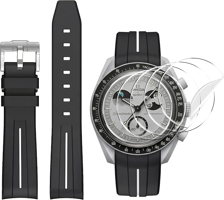 BONACE Strap and screen protector for Omega x Swatch MoonSwatch Watch 20mm,Curved End Soft Rubber Omega X Swatch Moonswatch Speedmaster Replacement Strap