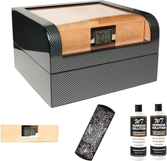Wudytim Cigar Humidor, Handcrafted Top 270 Elegant Glossy Spanish Cedar Cigar Box with Easy Humidification System, Accurate Digital Hygrometer
