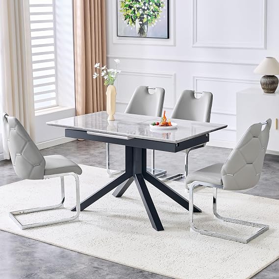 Extendable Dining Table for 4-6, 51.5"-67" Modern Expandable Rectangle Dinner Kitchen Table, Modern Marble Dining Tables for Kitchen, Comedor (Gray, Only Table)