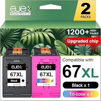 67XL Ink Cartridges Black/Color Combo Pack Compatible for HP Ink 67 67XL Works with HP Deskjet 2700 2700e 2755 2755e 2855e 2800e 2852e 2827e 4100e 4155e 4227e 4255e Envy 6055e 6455e Series 2-Pack