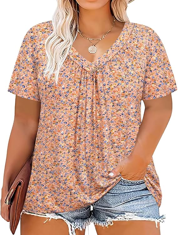 CARCOS Plus Size Tops for Women Short Sleeve Summer Shirts Casual V Neck Tunic Loose Fit Tshirts Soft Blouse XL-5XL