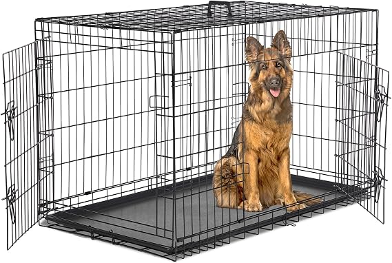 Large Dog Crate 42 Inch, Metal Wire Foldable Dog Cage Kennel | Double Door, Secure Lock, Plastic Leak-Proof Pan Tray, Indoor Outdoor Training Pet