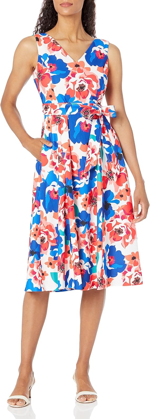 Calvin Klein Women's Sleeveless V Neck Midi Dress with Self Sash Waist
