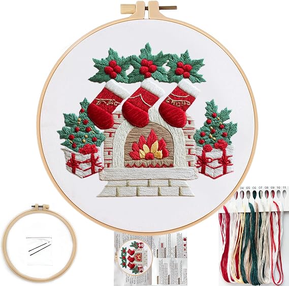 FONNUY Crewel Christmas Embroidery Kit for Beginners, Cross Stitch Set Winter Snow Scene Pine Owl Pattern for Adults, Easy to Follow Color Thread Needlework, 8'' Hoop (Fireplace)