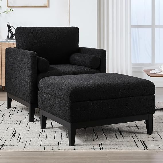 Oversized Black Chair with Ottoman for Living Room, 35.4'' Wide Large Upholstered Single Armchair Mini Sofa with Thick Cushion for Small Space, Black2.