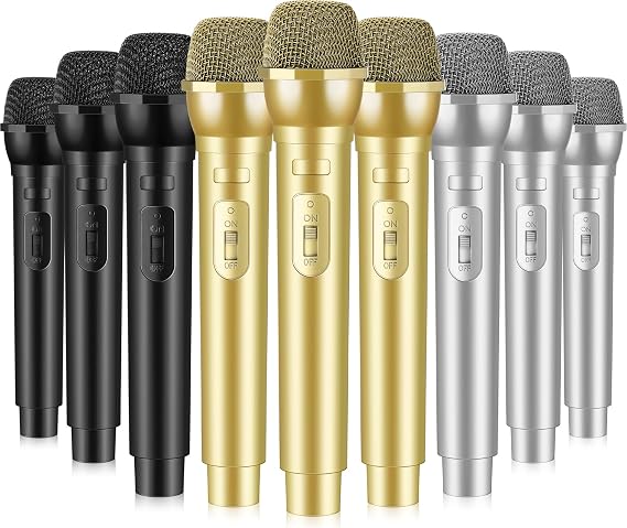 Sanwuta 9 Pcs Fake Microphone, Prop Microphone Bulk, Plastic Realistic Prop Mic, Pretend Fun Stage Mics Toy for Birthday Weddings Karaoke Stage Costume Cosplay Party Favor(Golden, Silver, Black)