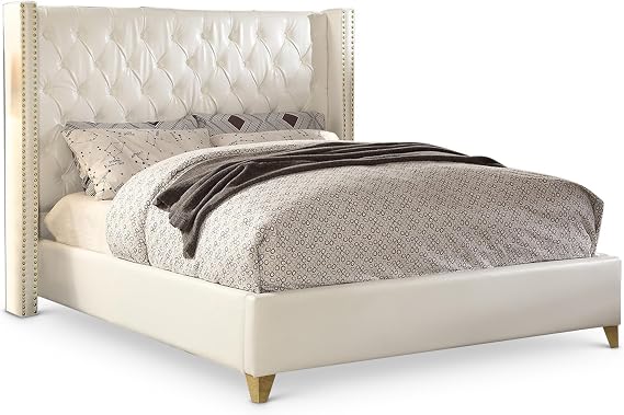 Meridian Furniture Soho Collection Modern | Contemporary Bonded Leather Upholstered Wingback Bed with Deep Button Tufting, Gold Nailhead Trim and Custom Gold Legs, White, Queen