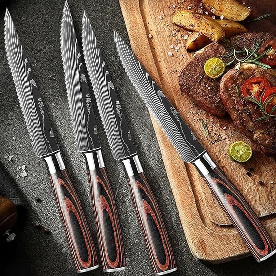 Stainless Steel Steak Knife with Wood Handle, High Quality Cutlery for Cooking and Chopping (Steak Knives,4pcs), AS SHOW