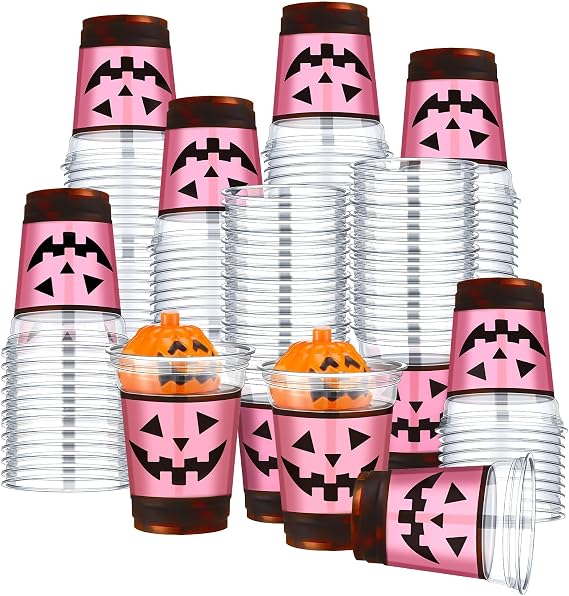 Tioncy 100 Pcs Halloween Party Plastic Cups 12 oz Disposable Jack O Lanter Pumpkin Drinking Cups for Adults Cold Beverage Happy Holiday Birthday Trick Treat Party Supplies(Pink)
