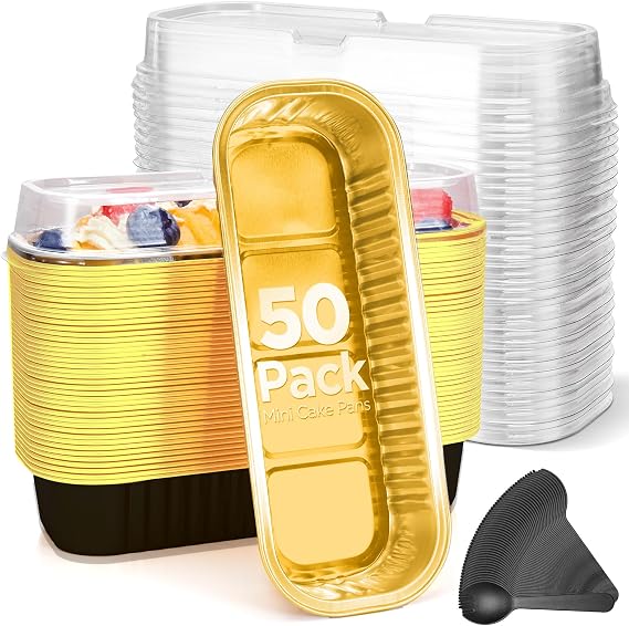 50 Pack Mini Cake Pans with Lids and Spoons Rectangular Aluminum Foil Loaf Baking Pans Tin Containers Cupcake Containers Wrappers Cheesecake Crème Brulee Ramekins - 7.2 oz, Black, 50 Pack