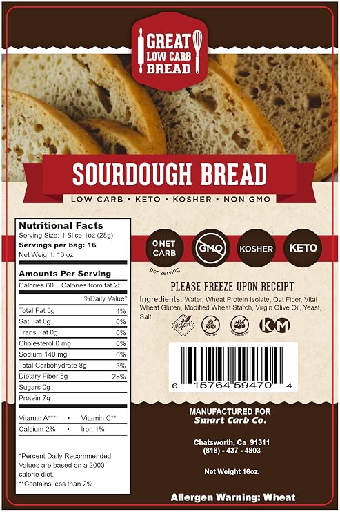 Great Low Carb Sourdough Bread 16oz Loaf | Keto friendly | Kosher| Served Fresh |Non GMO |Low carb diet