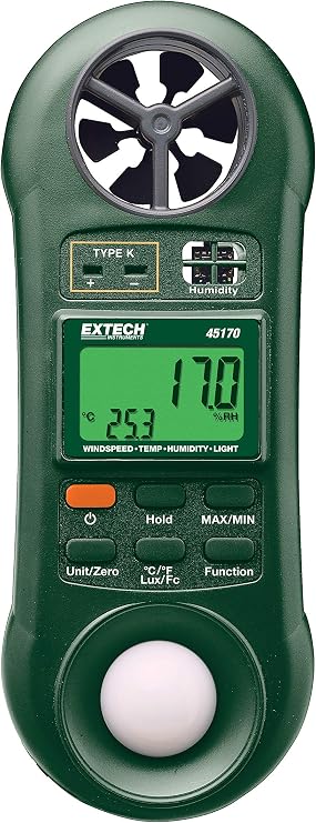 Extech 45170 4-in-1 Environmental Meter, Anemometer and Light | Wind speed, humidity, light/lux, temperature, vane wheel, MIN/MAX, pocket, HVAC/greenhouse