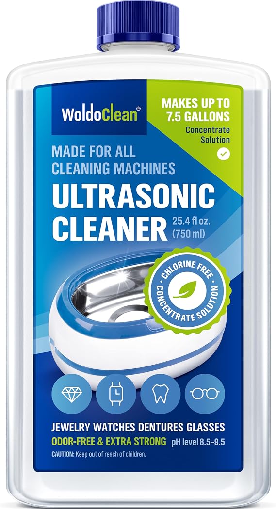 WoldoClean Ultrasonic Cleaner Solution Concentrate - 25.4 Fl Oz Makes 8 Gallons for Eyeglass, Sunglasses, Retainer, Denture, Aligner, Razor and Gun Parts