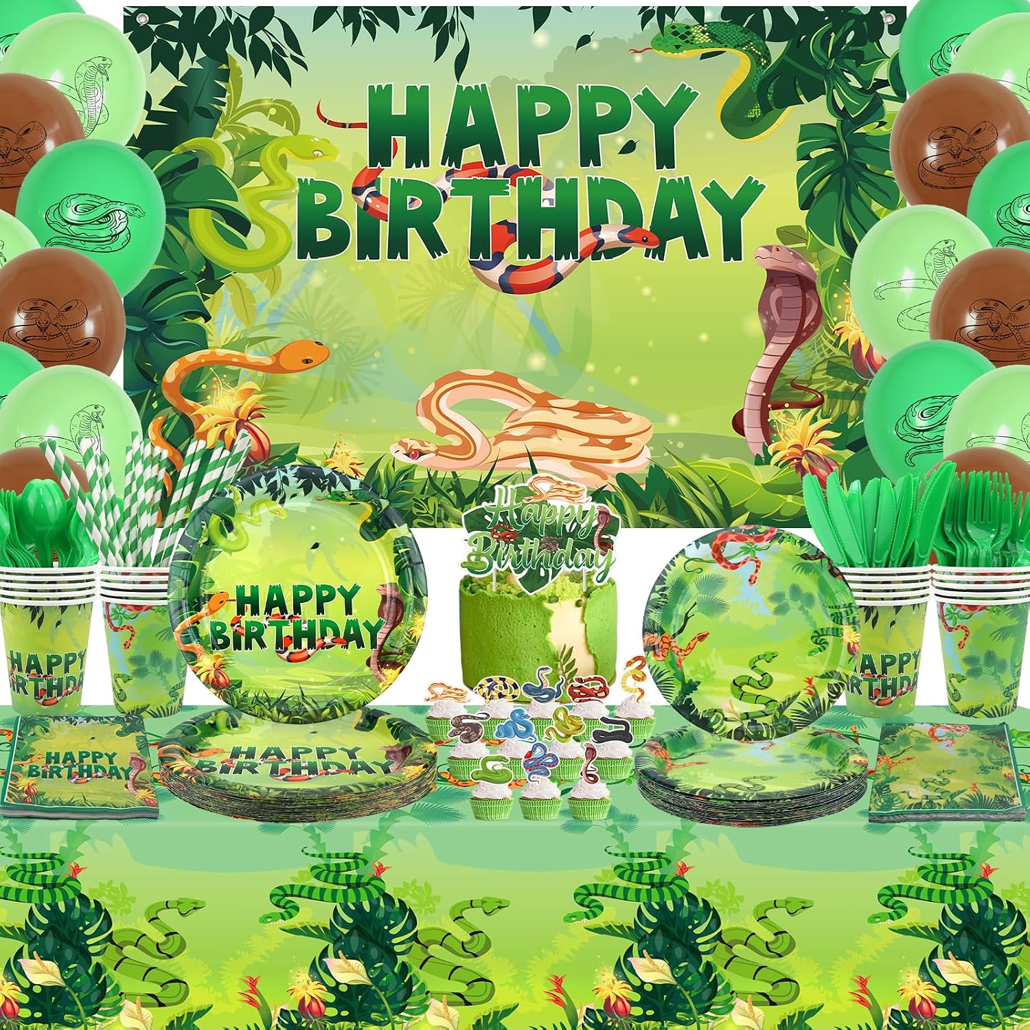 KEFAN Snake Birthday Party Decorations, Snake Theme Party Tableware Supplies including HAPPY BIRTHDAY Backdrop, Plates, Cups, Napkins, Tablecloth, Balloons for Snake Birthday Party, Serves 20 B