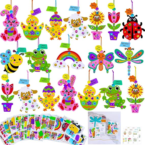 Winlyn 24 Sets Spring Craft Kits Easter Crafts DIY Bunny Lamb Chick Egg Tulip Flower Ornaments Decorations Art Sets Spring Arts and Crafts for Kids Easter Classroom Activities Party Favors