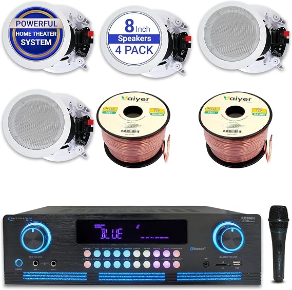 Vaiyer Home Theater Sound System Kit - 2000 W Bluetooth Amplifier w/ 4 Qty of 8" Framed Ceiling Speakers 300 W Each, Mic, 200 ft Speaker Wire & Remote for Living Room, Office, Commercial, Bars