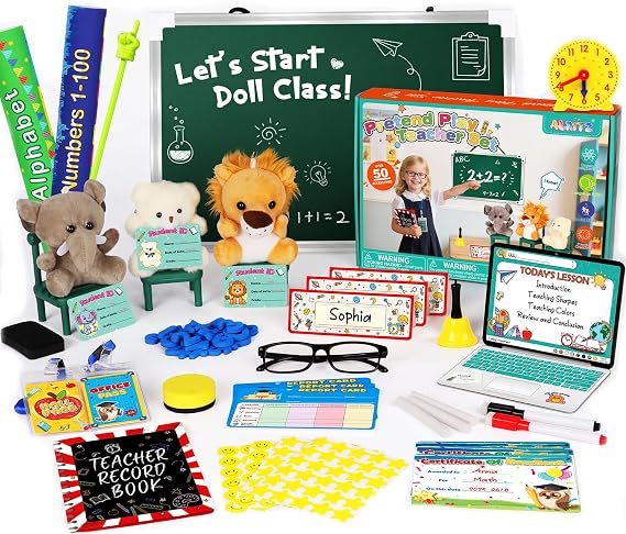 Alritz Role Pretend Play Teacher Set with Dolls for Kids Ages 6+ | includes dolls, toy laptop & blackboard, preschool learning activity, role play classroom set