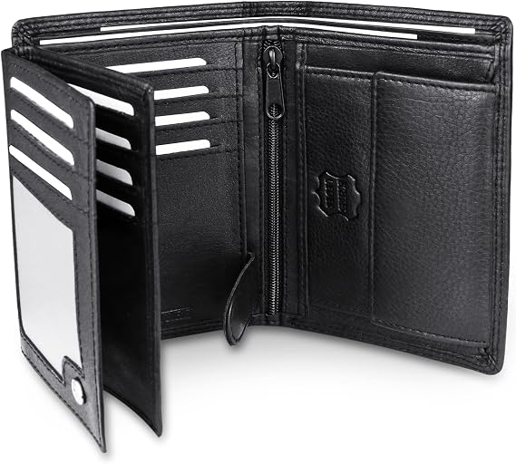 Frentree Men's Trifold Nappa Leather Wallet, 15 Card Slots, RFID Protection, Portrait Format, Black