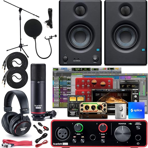 Focusrite Scarlett Solo 2x2 USB Audio Interface Full Studio Bundle with Creative Music Production Software Kit and Eris 3.5 Pair Studio Monitors and 1/4 Instrument Cables