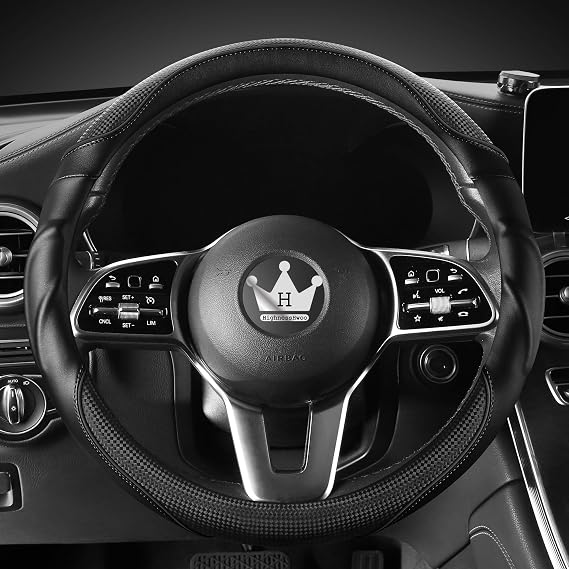 HighnessHwoo 3D Car Steering Wheel Cover Comfort Grip Massage Sporty Anti-Slip Carbon Fiber Faux Leather for Sedan Suv, Universal Fit, Car Handle Covers for All Seasons, 37-38cm, Black