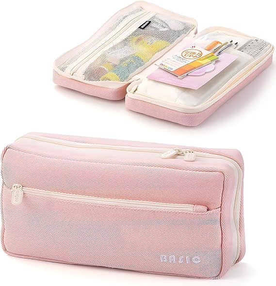 Large Pencil Case with 4 Compartments, Big Capacity Pencil Bag Canvas Pencil Pouch with Zipper, Pencil Pouch Aesthetic, Pencil Pen Case Bag for Office College School Teen Boys Girls Students (Pink)