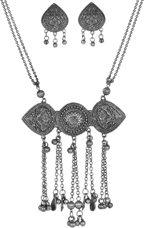 Designer Statement Afghani Oxidised Silver Indian Ethnic Tassel Ghungroo Bells Tribal Gypsy Necklace Jewelry Women