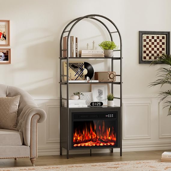 72" Bookshelf with 23" Electric Fireplace Inserts, Tall Arched Bookcase with 3D Realist Flame, Remote Control,Timer, Modern Accent Bookshelf Storage Organizer for Home, Office, Living Room