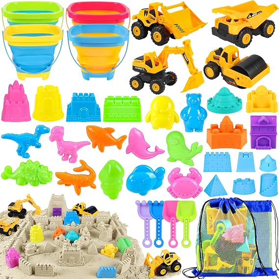 FHOZGECY Beach Toys with 4 Trucks, Collapsible Buckets for Kids Ages 3-12