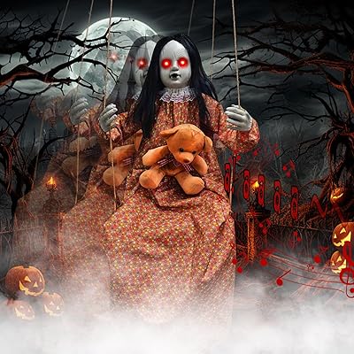 Scary Halloween Decorations Outdoor Hanging Swinging Doll Girl with Sound & Slap Activated, Light Up Eyes Creepy Sound Expressions, Large Scary Halloween Decor Props for Indoor Outside