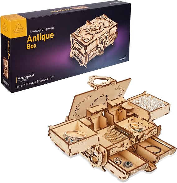 UGEARS Antique Box 3D Wooden Puzzles for Adults - Wooden Model Kits for Adults Puzzle Box DIY Kits for Adult Mechanical Models Brain Teaser, Hobby Set Home Decoration