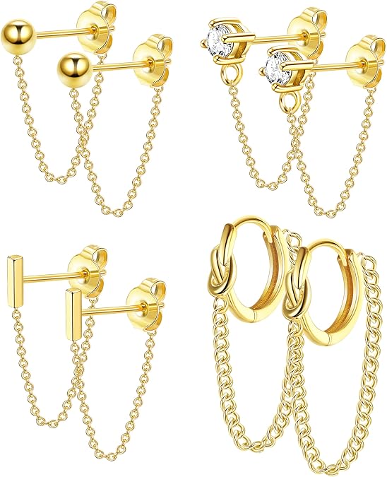 YADOCA 4 Pairs 14K Gold Chain Stud Earrings for Women Hypoallergenic | Stainless Steel CZ Ball Bar Huggie Hoop Earrings Stacks With Dangle Chain Cartilage Helix Earring Sets for Multiple Piercing