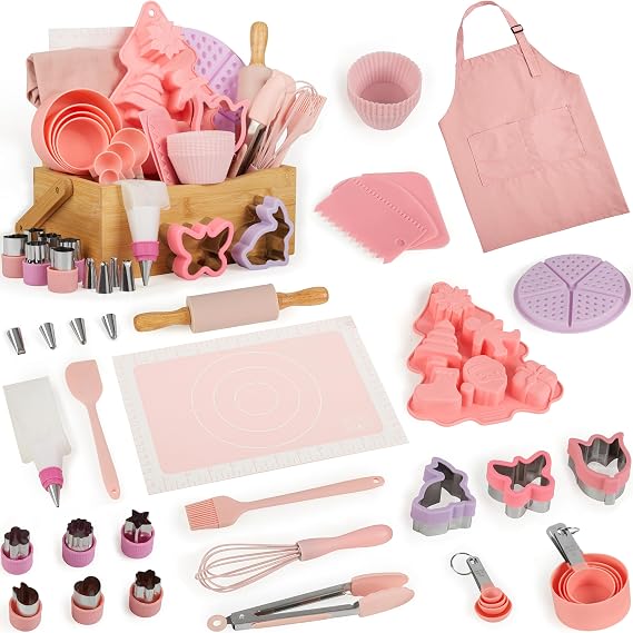 Pulcher Kids Baking Sets Real Little Chef Kitchen Cooking Set Tools Kit Supplies, with Apron Utensils Rolling Pin Silicone Mat Cookie Cutters Measuring Cups Spoons Bamboo Carrying Basket(Pink Purple)