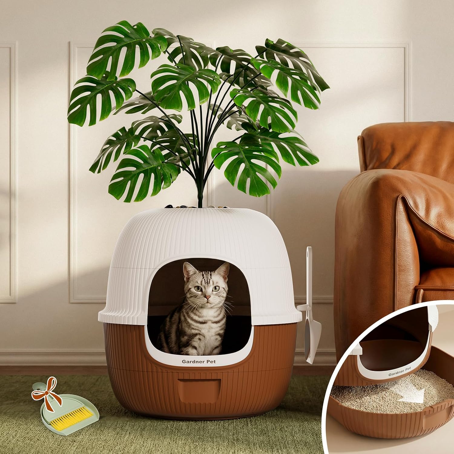 Gardner Pet Enclosed Cat Litter Box with Faux Plant & Scoop, Hidden Litter Box Furniture with Odor Controlled Carbon Filter, Corner Litter Tray with Leak-Proof Design, Effortless Cleaning, Brown