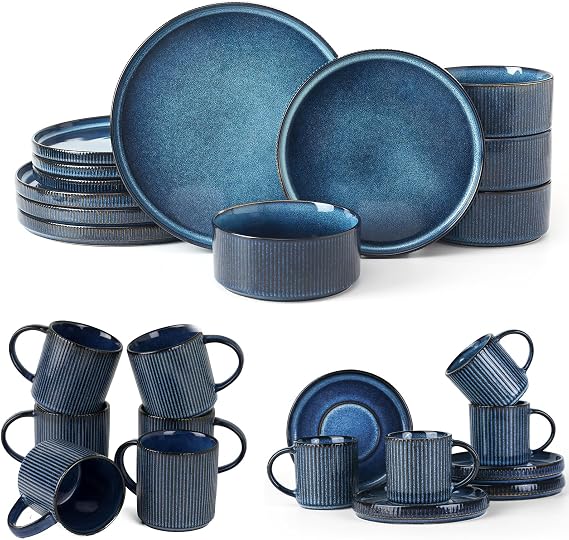Famiware Dinnerware Set for 4 (12 Piece) and 12oz Mug Set (6 Piece) and 3oz Espresso Cups and Saucers Set- Star Stoneware Dishes - Nebulas Blue