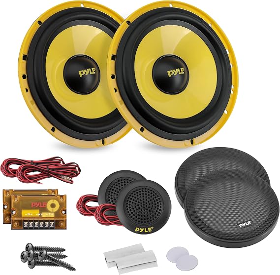 Pyle 2 Way Custom Component Speaker System - 6.5 400 Watt, with Electroplated Plastic Basket, Butyl Rubber Surround & 40 Oz Magnet Structure - Wire Installation Hardware Set Included - PLG6C, Yellow