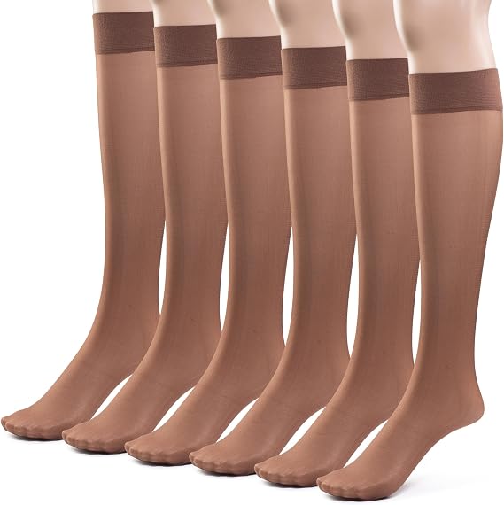 Silky Toes Sheer Knee High Stockings for Women, 6 Pairs Nylon Trouser Socks With Comfort Top