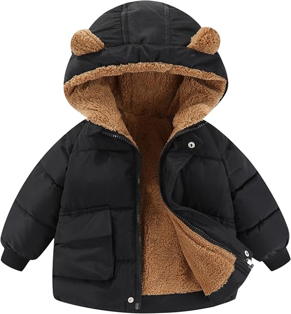 AIWUHE Toddler Winter Coat Boys Girls Down Jacket Hooded Fleece Warm Outwear 3D Ear Padded Puffer Jacket With Pockets 1-6Y