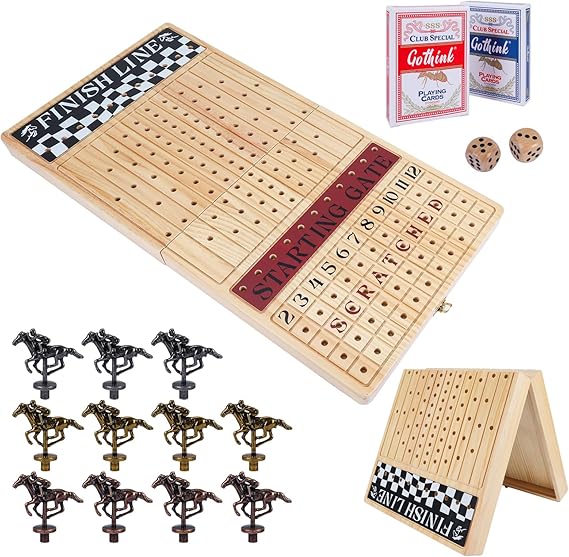 Horse Racing Board Game High Quality Durable Foldable Wooden Box Horse Racing Game with 11 Retro Metal Horses 2 Dice and 2 Playing Cards Family Games (Colour Foldable Board)