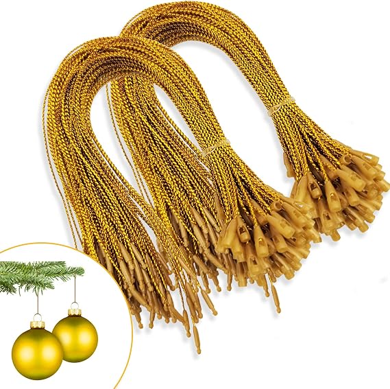kockuu 200pcs Christmas Ornaments String Hanger Gold Precut Ribbon Hook for Christmas Tree Ornament Decorations with Snap Fastener