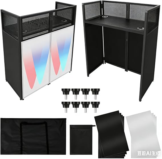 DJ Facade,Portable Booth Table With White & Black Lighting Scrim,50"L x48x 25"W DJ Stand Booth,Foldable DJ Table Station With Adjustable DJ Event Facade Feet for Party, Black Metal Frame