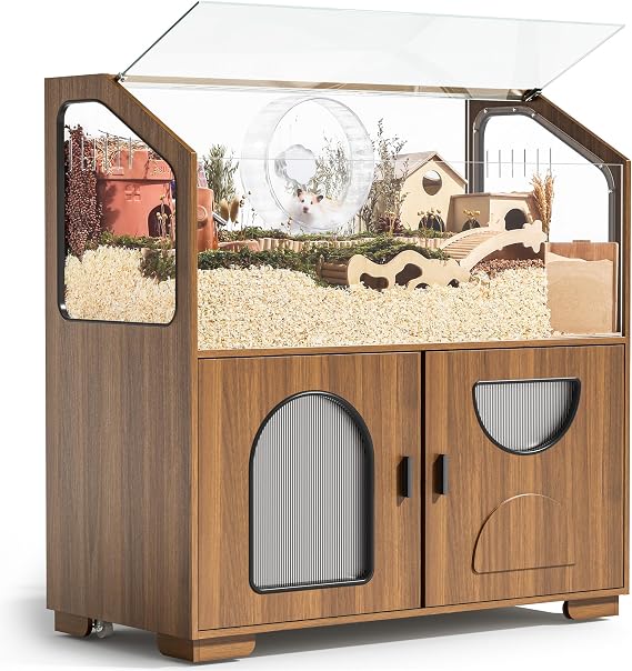 BUCATSTATE Hamster Cage with Storage Cabinet, 39.4" Large Hamster Enclosure with Cage Casters, Wooden Small Animal Cages for Gerbil Mouse (774in2, Dark Walnut)