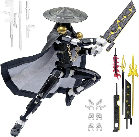 Robo 13 3D Printed Action Figure, Assembled Lucky Figure Toy | Poseability Dummy Figure with Cloak and Weapon, No Assembly Required, Upgraded Joint Design, Heavy Play, Black, White