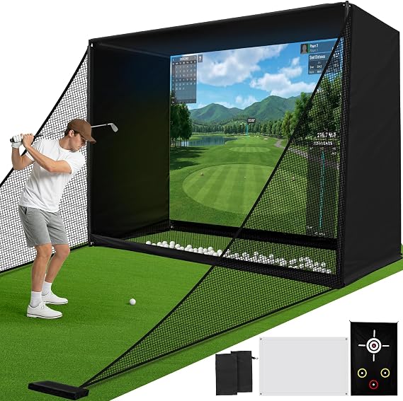Golf Practice Hitting Net with HD Simulator Screen and Target Cloth, 10x8 FT Golf Driving Net for Indoor, Outdoor, Backyard and Garage with Impact Resistance and Ball Return