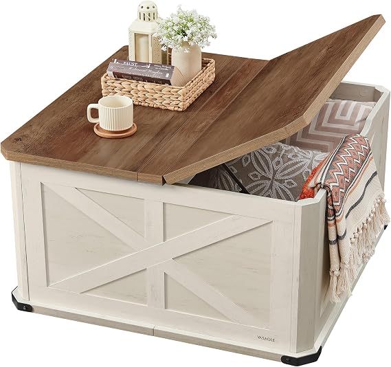 VASAGLE Farmhouse Coffee Table with Storage, Flip-Top Lids