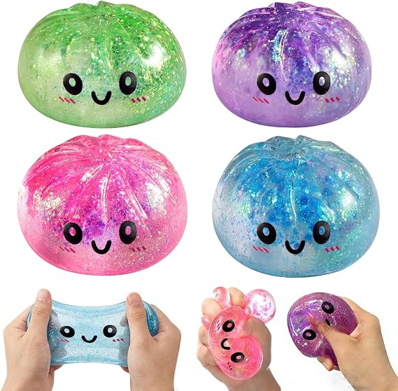Squishy Dumpling Toy, 4Pcs Glitter Dumpling Squishy Fidget Toys for Kids & Adults, Squishies Dumplings Stress Balls Squeeze Sensory Toys for Stress Anxiety Relief Present