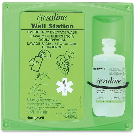 Honeywell 16 oz. (473 ml) Single Bottle Trilingual Sterile Saline Eye Wash Wall Station (Includes Full Bottle and Eye Wash Station