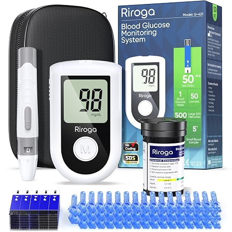 Blood Glucose Monitor Kit with 50 Glucometer Strips, 50 Lancets, 1 Blood Sugar Monitor,Blood Sugar Test Kit for Home Use,Travel Case for Blood Glucose Monitor Kit,Lancing Device, No Coding